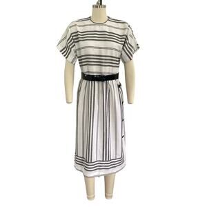 Vintage Ricano Black and White Striped Belted 80s Midi Dress with Button Details